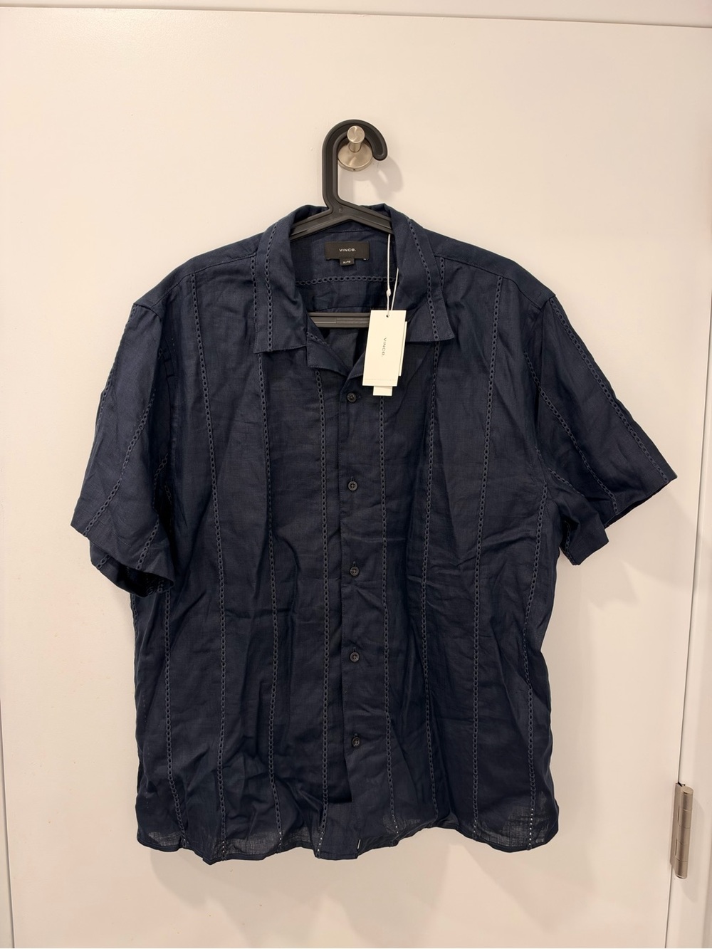 Vince Navy Linen Embroidered Short-Sleeve Button-Down Shirt